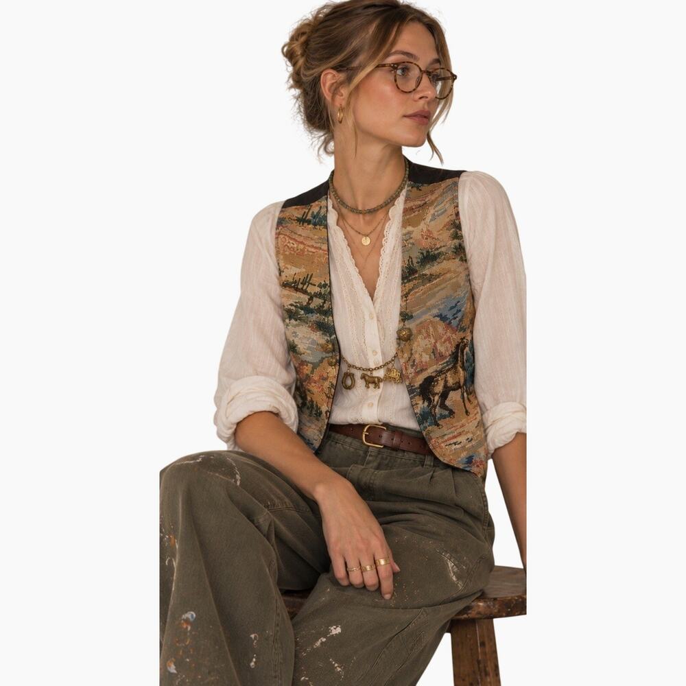 Vintage 90s Sweet Pea Horse Tapestry Vest MED Western Cowboy Charm Chain USA